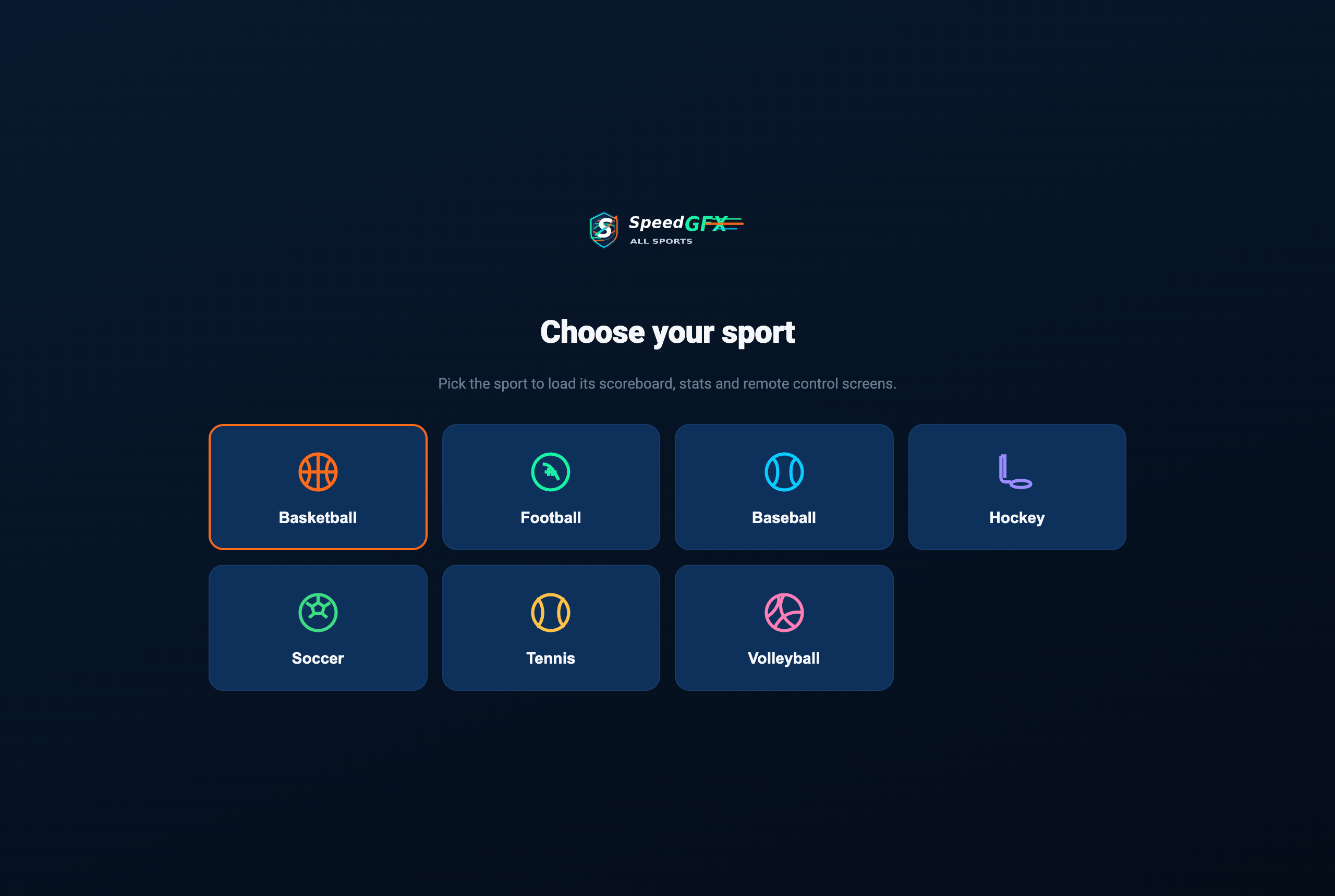 SpeedGFX All Sports operator dashboard sport picker screen