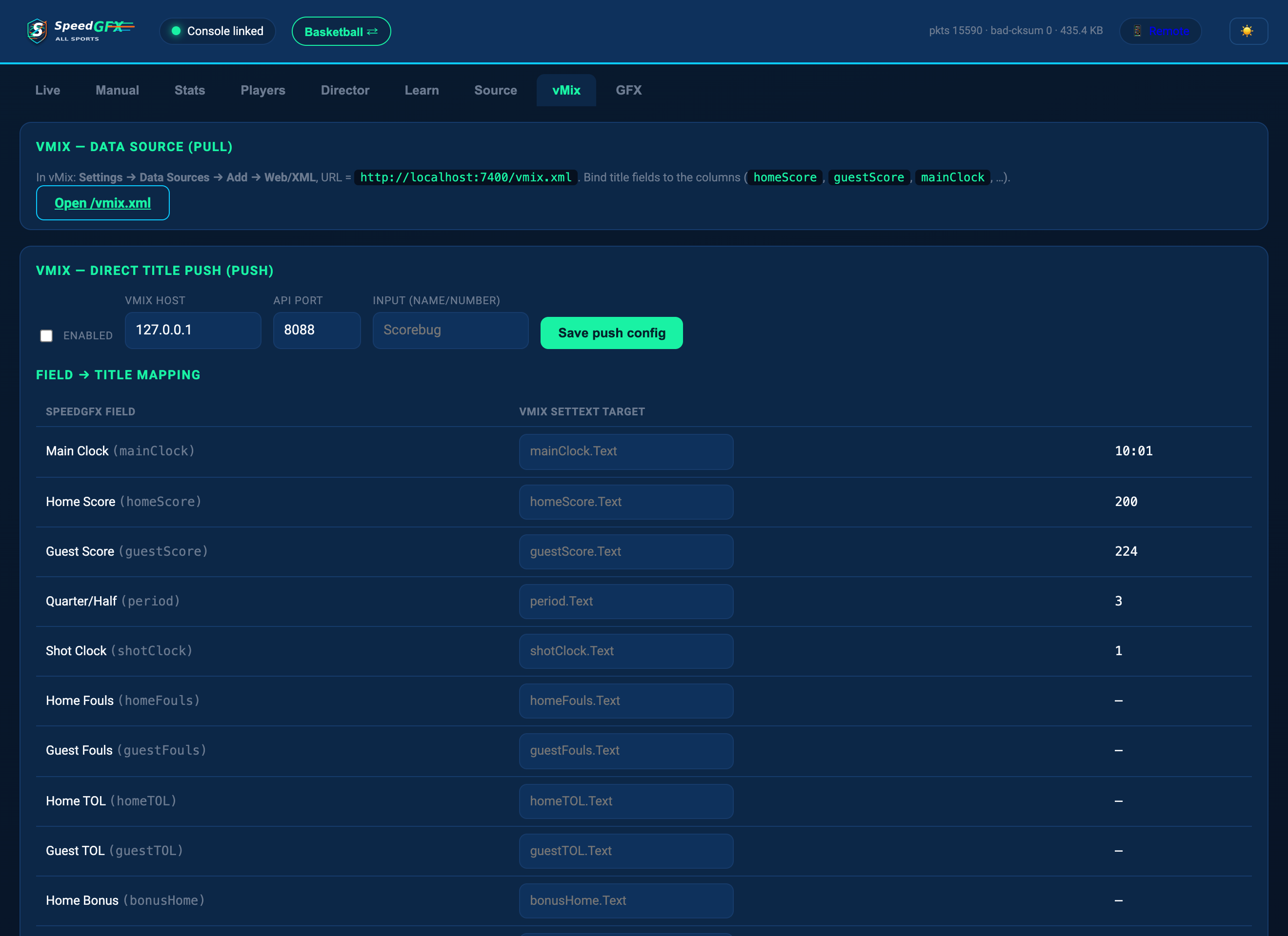 SpeedGFX All Sports vMix output configuration screen