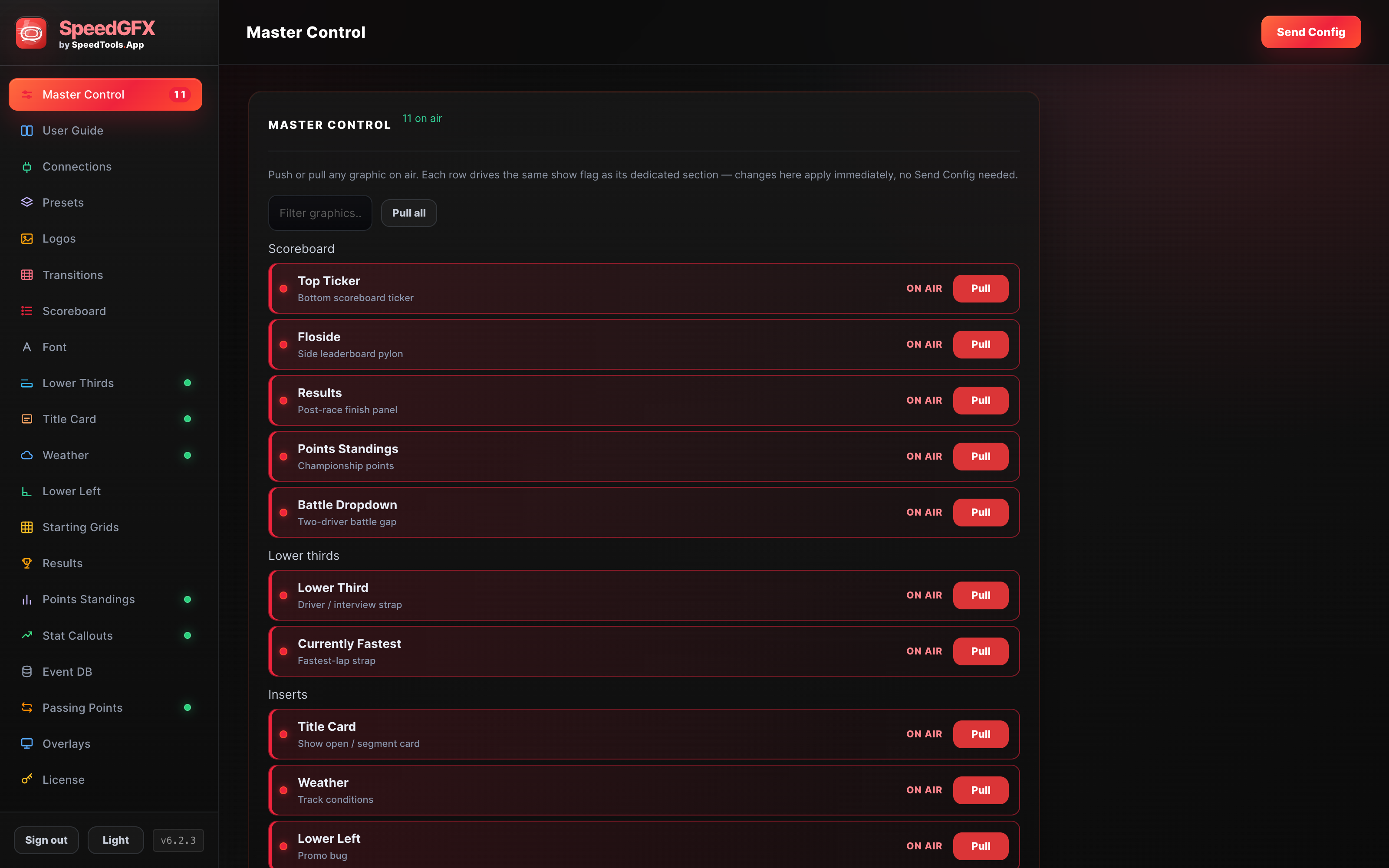 Producer Remote Master Control panel in dark theme