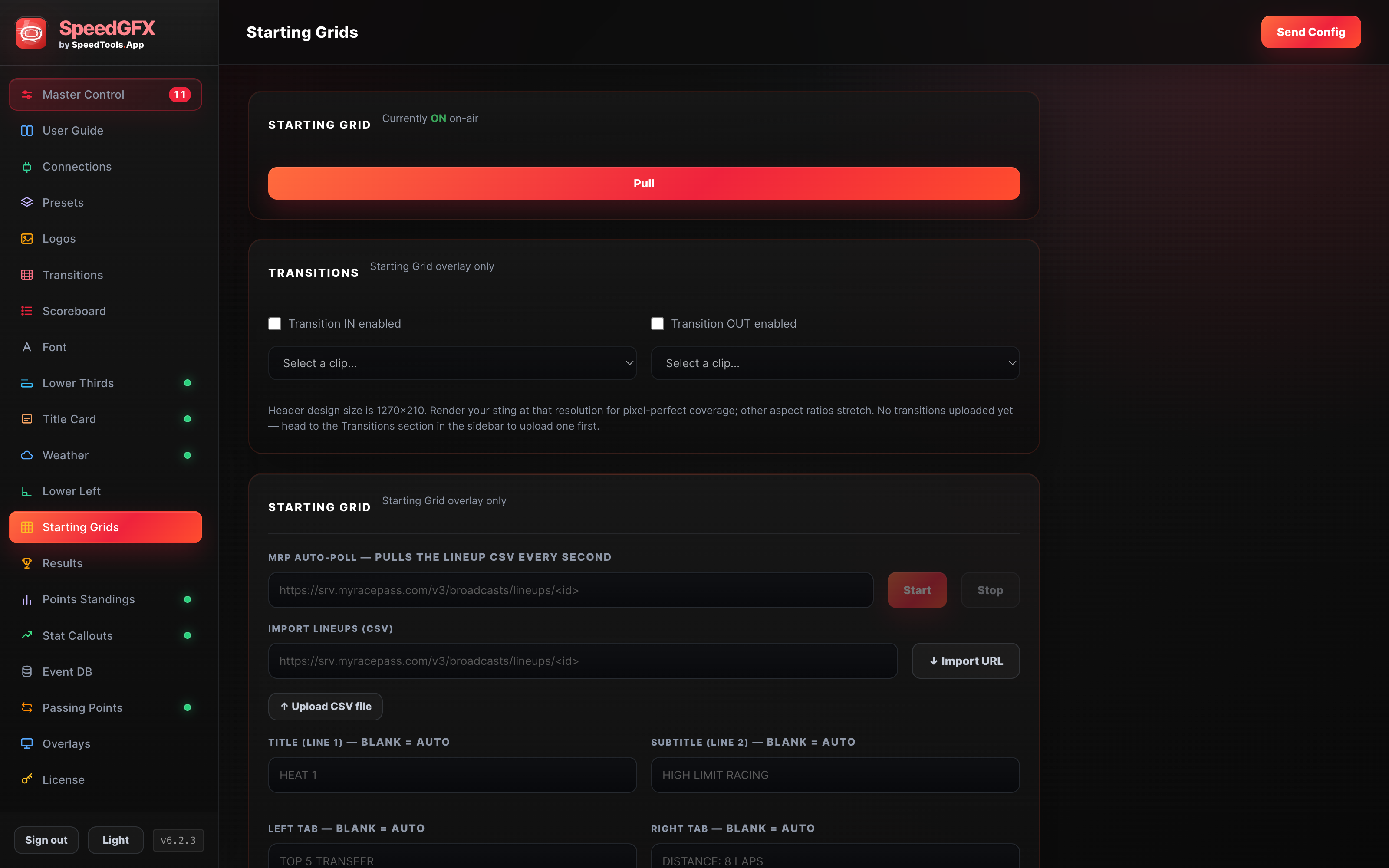 Producer Remote starting grids panel in dark theme