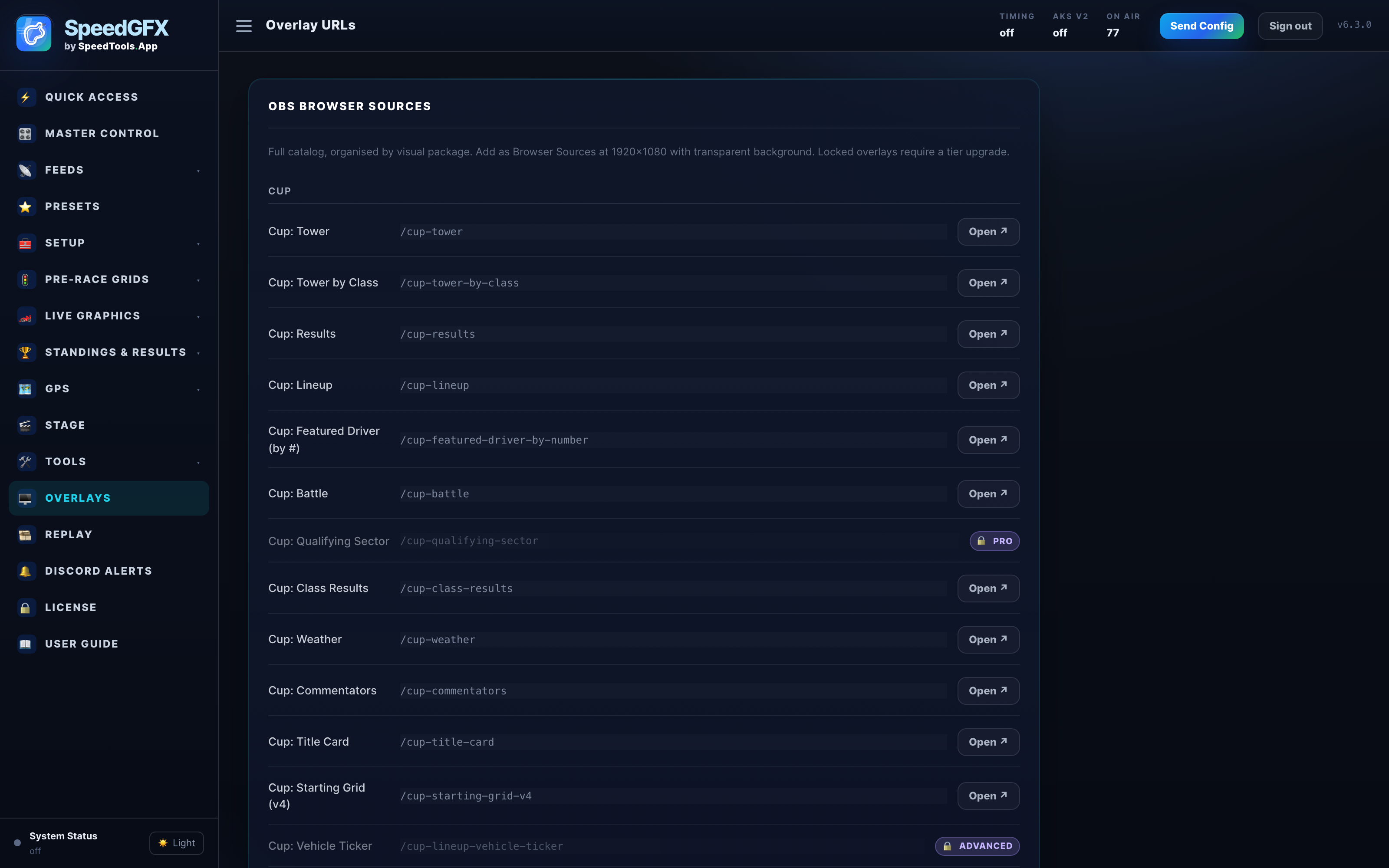 SpeedGFX overlay catalog in the operator console