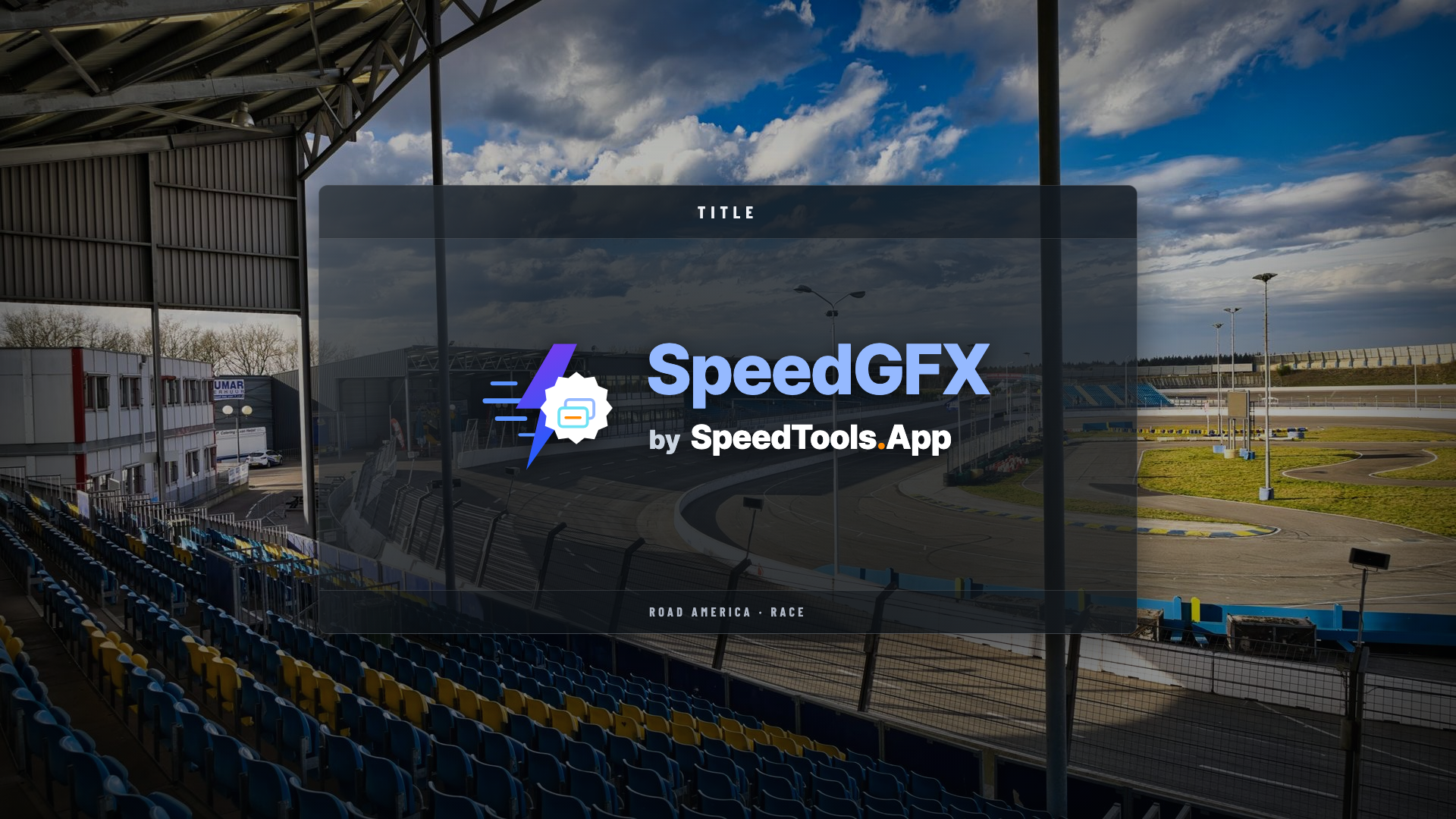 Glass package title card over live race footage